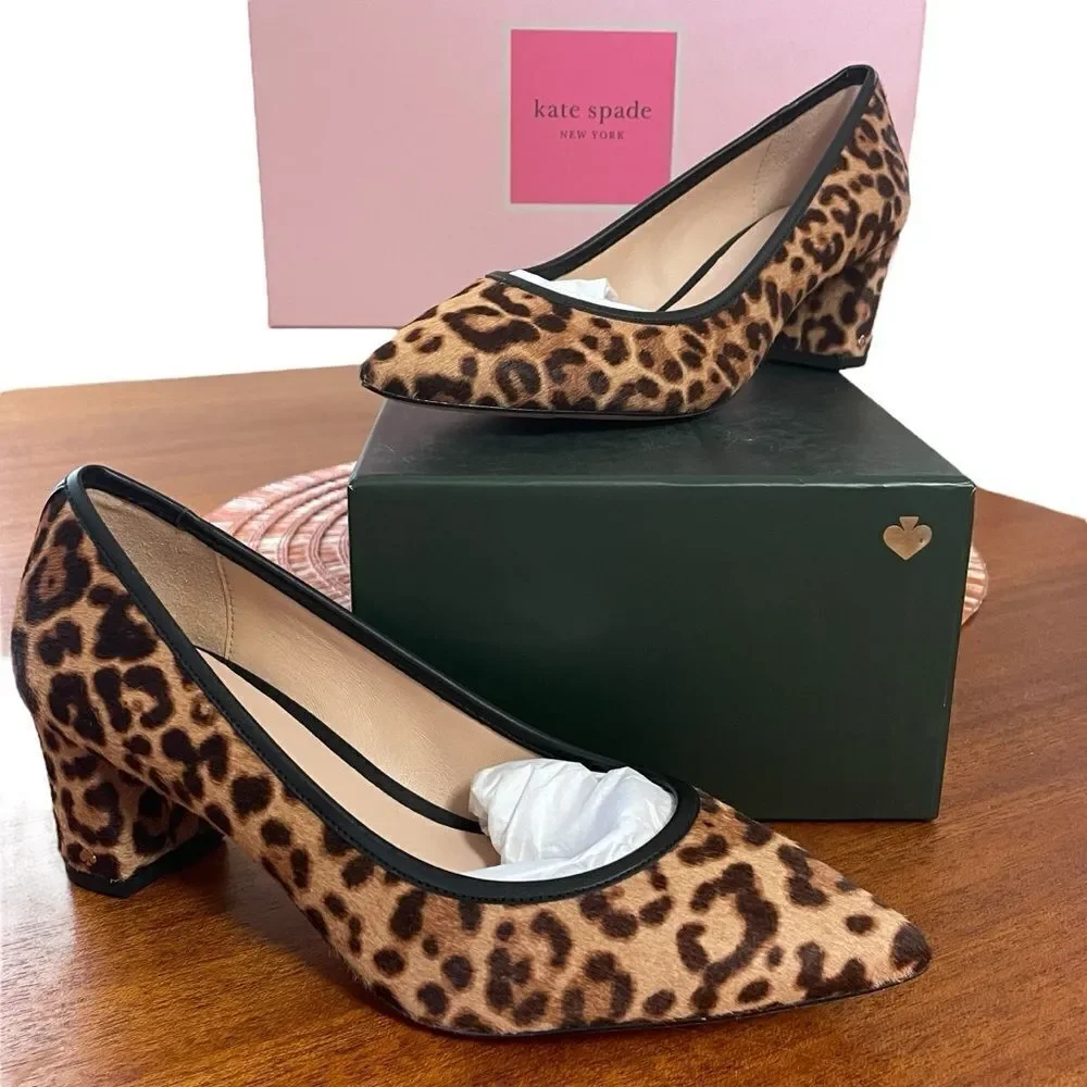 NIB Kate Spade Menorca Calf Hair Pointed Toe Pump Block Heel Brown Black Sz 5.5